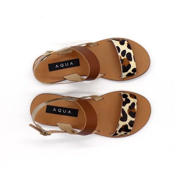 Bloomingdale's Aqua Flat Strappy Sandals Gold Brown Leopard Animal Print - Picture 7 of 7
